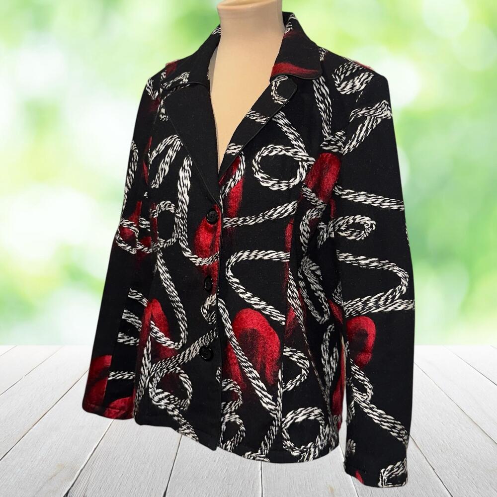 Vtg ONCE AGAIN Artwear Blazer Felted Wool Applique Black Red Button Front Size L